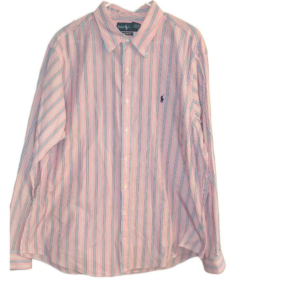 Polo Ralph Lauren Button Up Shirt Custom Fit  XXL/TTG  Pink W/Blue Stripes